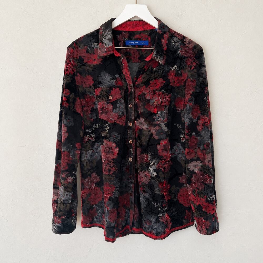 Georg Roth Dark Floral Burnout Velvet Flip Cuff Button-Down Blouse XL